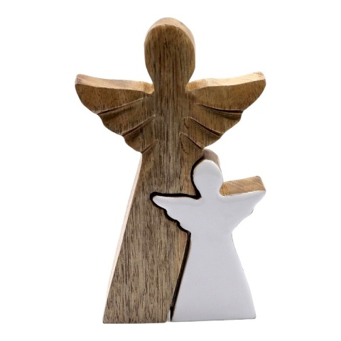 Anioł z Drewna Mango z Małym Aniołem - Biała Emalia - 15 cm