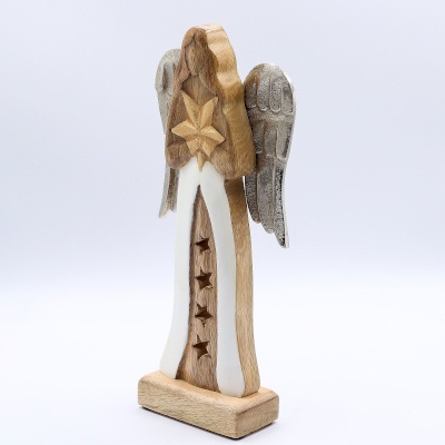Duży Anioł z Gwiazdą z Drewna Mango z Metalowymi Skrzydłami- 30 cm