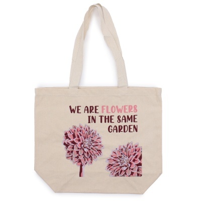 Torba Bawełniana z Nadrukiem - We are Flowers - Oliwkowy, Różowy i Naturalny