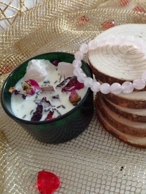 Zestaw na Walentynki - Świeca Kochanków i bansoletka z Kwarcu różowego