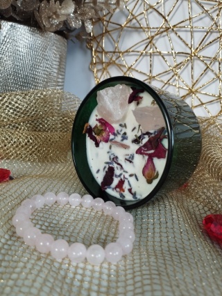 Zestaw na Walentynki - Świeca Kochanków i bansoletka z Kwarcu różowego