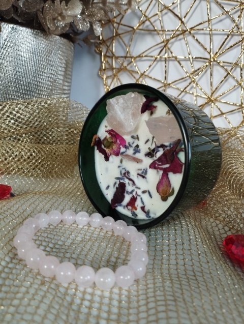 Zestaw na Walentynki - Świeca Kochanków i bansoletka z Kwarcu różowego