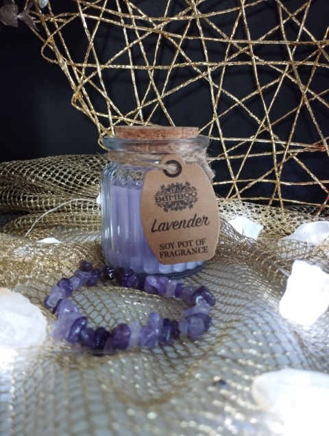 Zestaw na Walentynki - Świeca sojowa Lawendowa i bransoletka z Ametystem